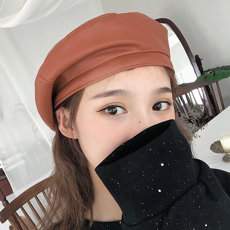 

2019 New Autumn Winter Ladies Beret Cap Fashion Women Retro Casual PU Leather Beret Hat For Women Retro Beanie Caps Hot Newsboy