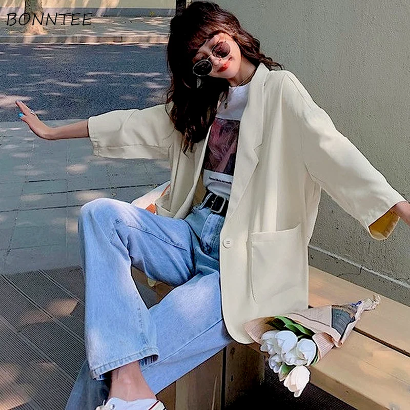 

Куртка Женская Базовая свободного покроя, однотонная элегантная простая универсальная модная повседневная Корейская версия в стиле Харадзюку, летняя одежда