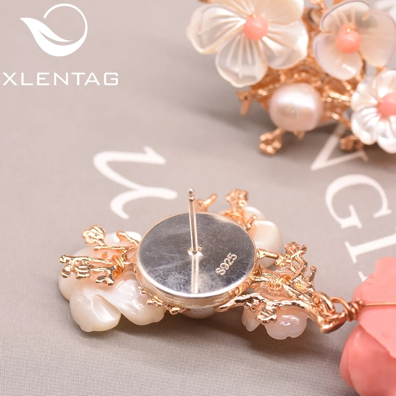XlentAg, 925 пробы, серебряные, розовые, коралловые Висячие серьги, белый жемчуг, Розовый натуральный камень, раковина, цветок, висячие серьги, ювелирное изделие GE0024