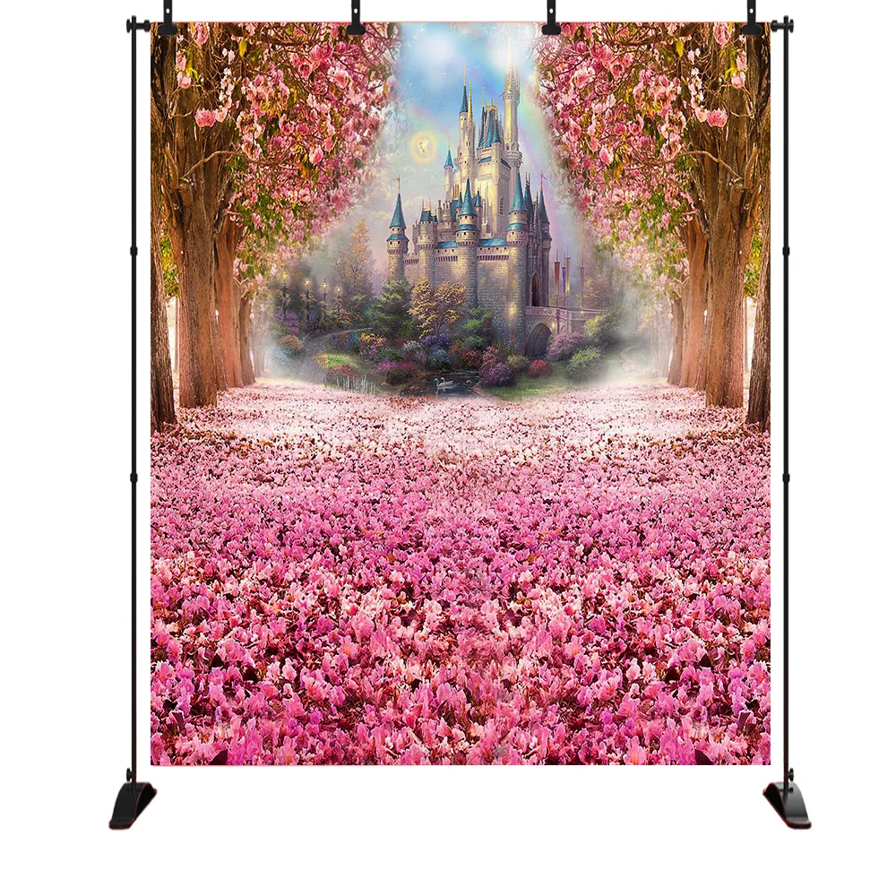

Pink Flowers Spring Photography Backdrop Rainbow Fairy tale Castle baby shower Princess birthday party Photo Background