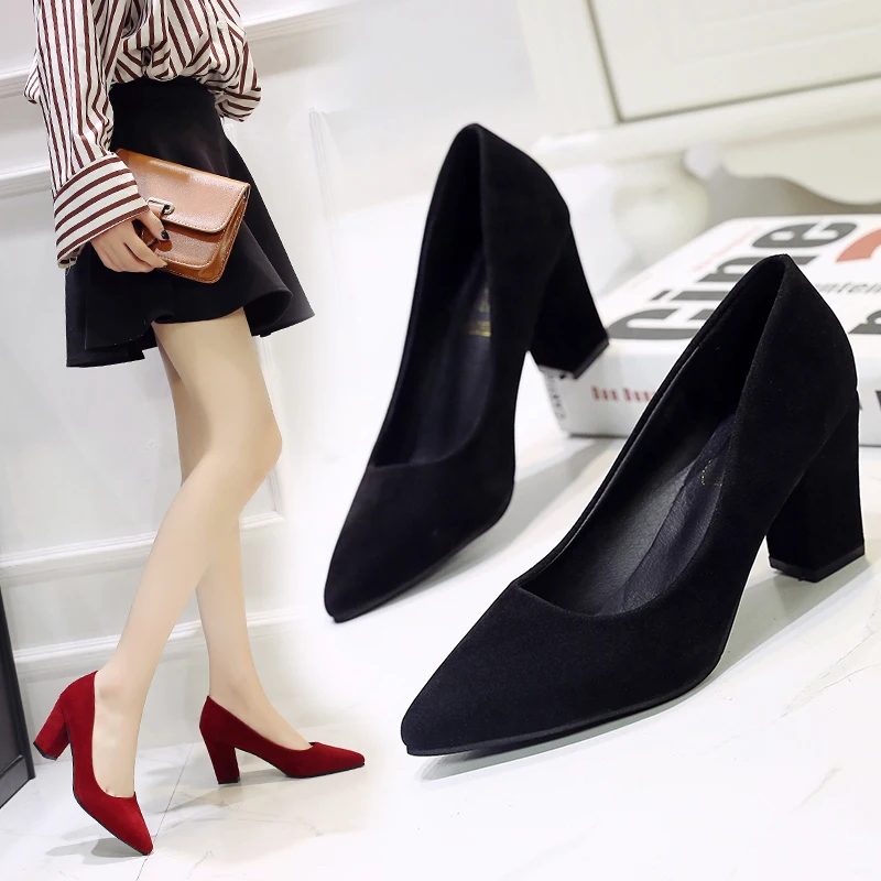 Zapatos de tacón cuadrado para mujer, calzado trabajo elegante, de gamuza, color negro, estilo coreano - AliExpress Calzado