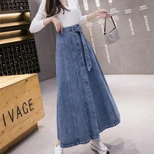 

Spring Patchwork A-Line Solid Fashion Chic Long Skirt with Buttons Women High Waist Big Hem Casual Denim Umbrella Skirts Female
