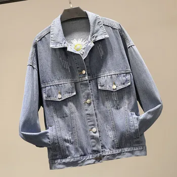 

2020 Spring New Fashion Loose Women Denim Coat Letters Floral Embroidery Pockets Jean Jacket Wash Blue Female Jackets Outwear