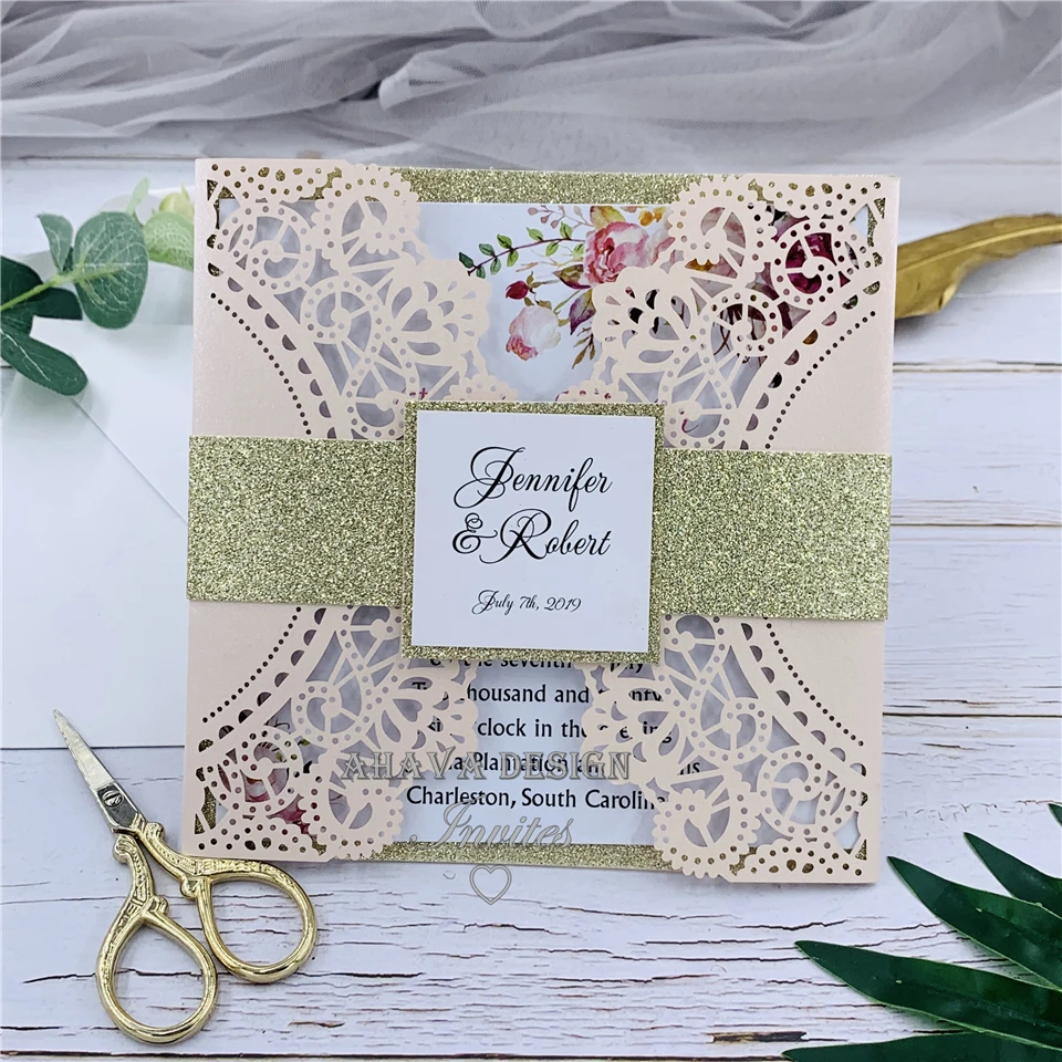 

Graceful blush laser cut floral wedding invitations, personalized invite with tag and glitter belly band