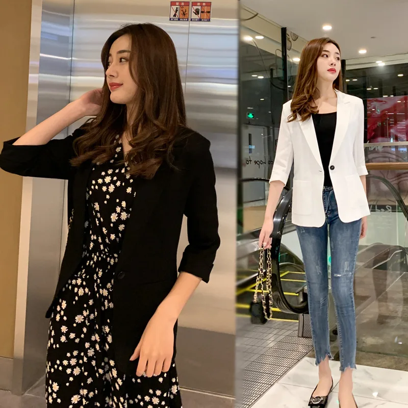 

Black And White with Pattern Cotton Linen Suit Coat 2019 Autumn Slim Fit Slimming Casual Three-quarter-length Sleeve Thin Flax S