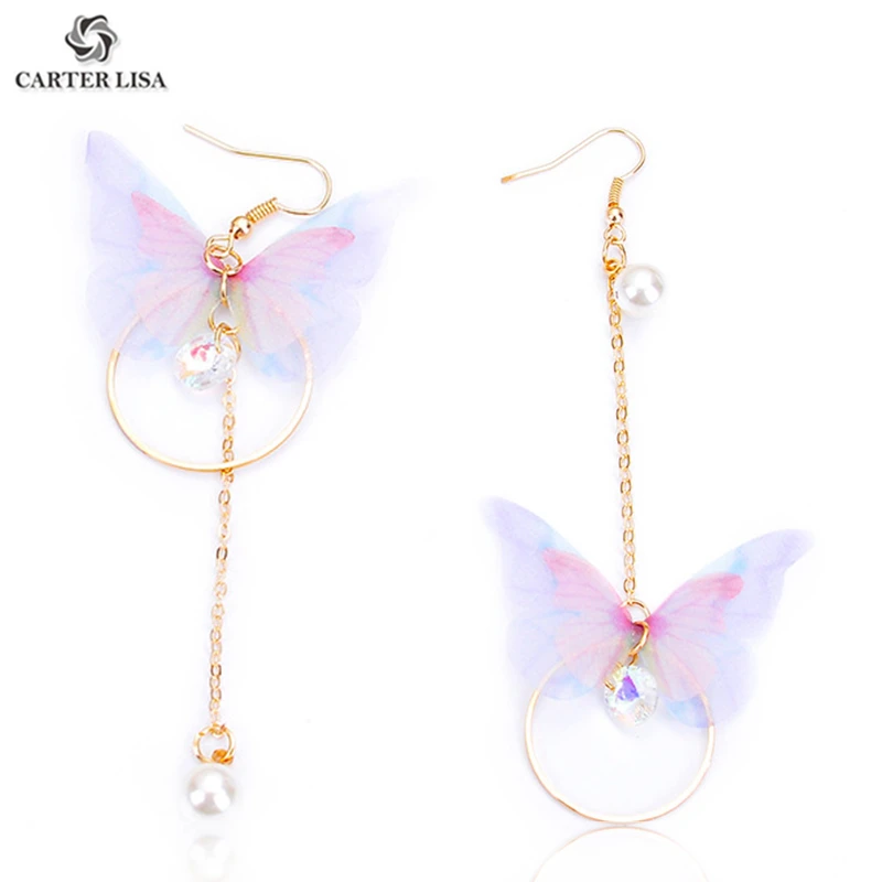 

CARTER LISA Fashion Elegant Gold Long Chain Circle Translucent Butterfly Threader Drop Dangle Earrings For Women Girl brincos