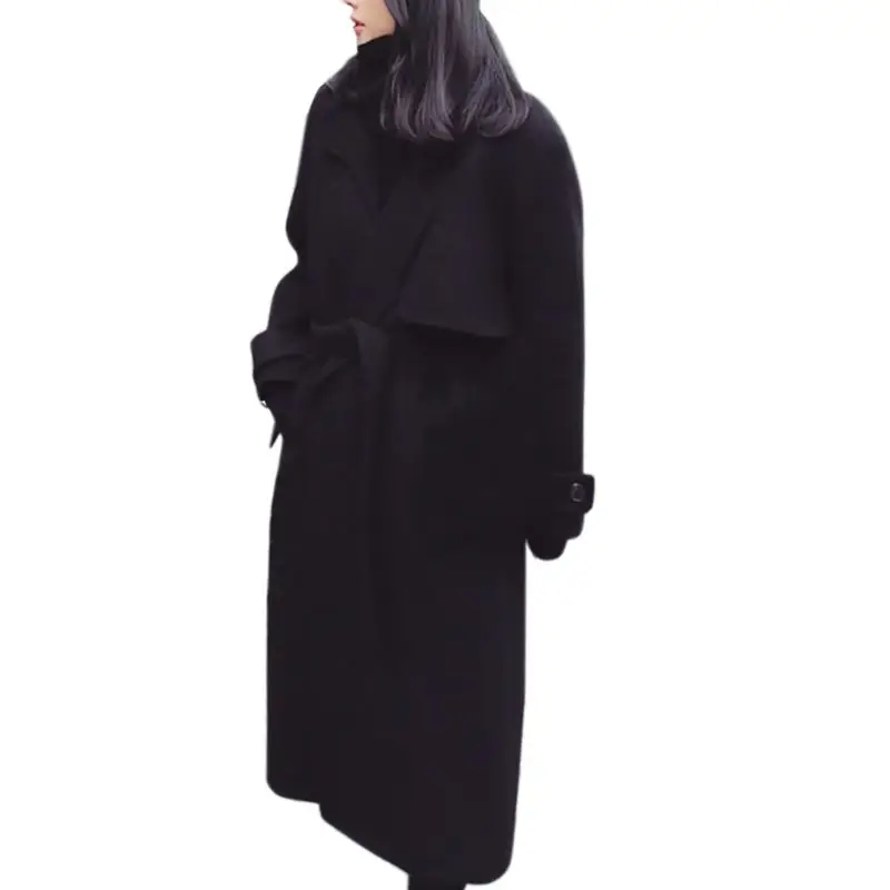 Женская Осенняя зимняя куртка, модная однотонная черная с длинным рукавом, с поясом, с отворотом, двухсторонняя шерстяная верхняя одежда, темпераментное пальто для женщин