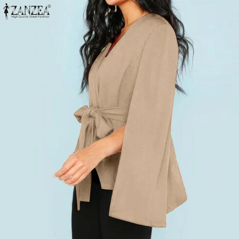Ideal  V Neck with Belt Party Jackets ZANZEA Elegant Spring Fashion Solid Cape Coat Women Long Sleeve Over