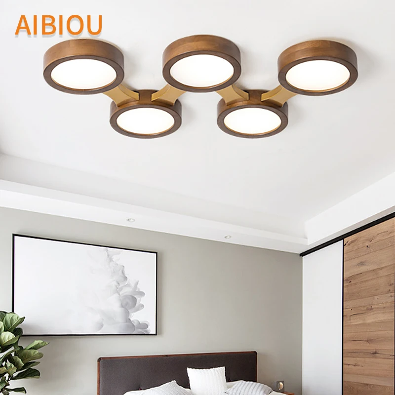 

AIBIOU Modern Wooden 220V LED Ceiling Lights For Living Room Creative Round Lampshades Bedroom Lamp