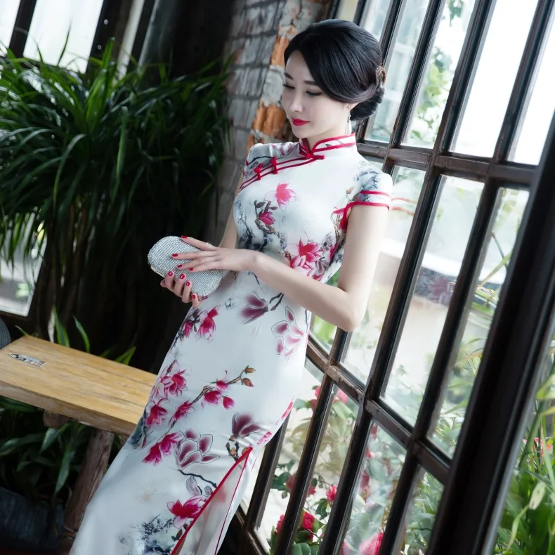 Cross Border Spring New Style Short Sleeve Real Silk Cheongsam Long Chinese-style Improved Slim Fit Sexy Dress Wholesale