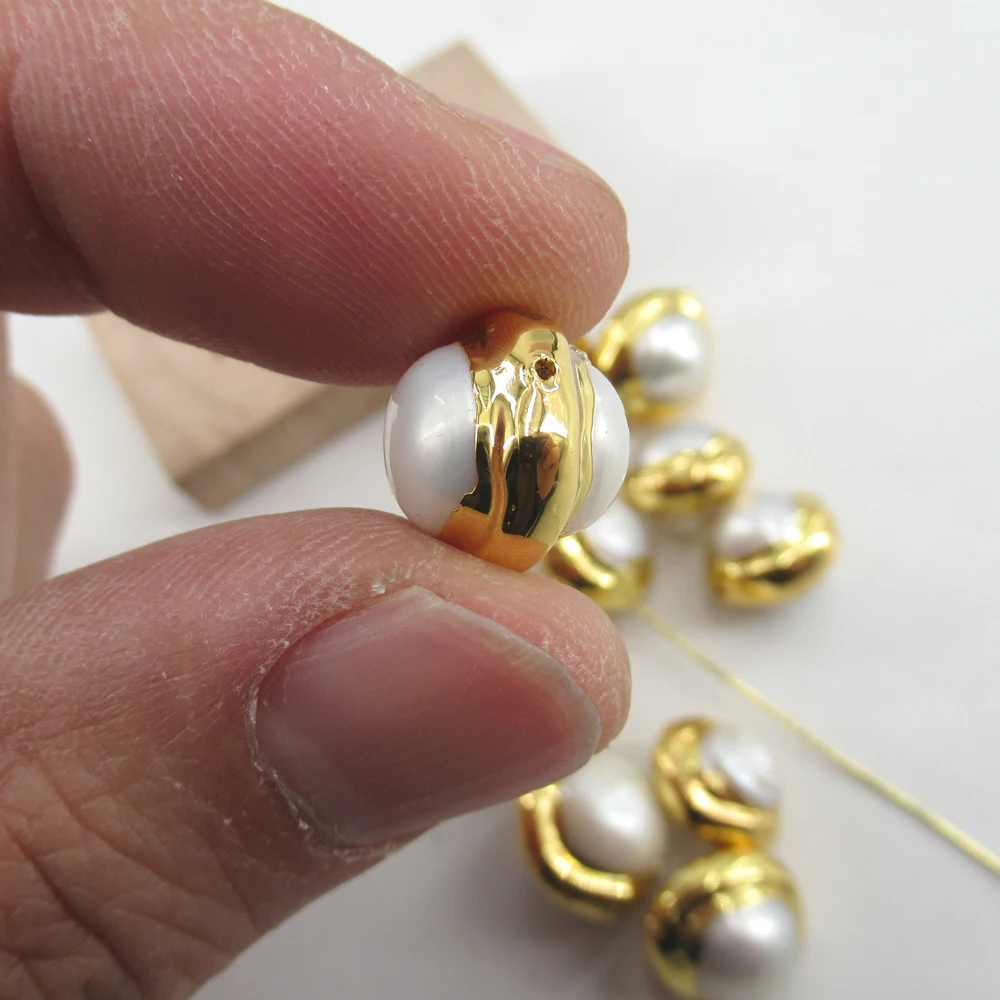 APDGG Wholesale 10 pcs Gold Plated Natural White Pearl Beads Gemstone Charm Boho Jewelry DIY Making