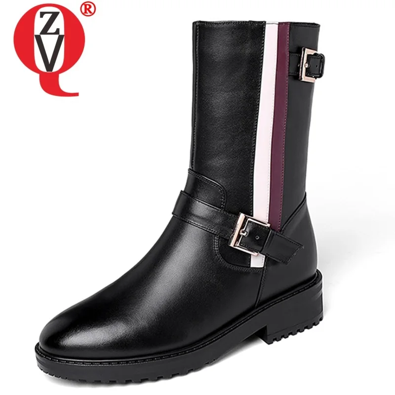 

ZVQ winter new fashion mid calf boots outside comfortable round toe mid heels platform genuine leather women shoes drop shipping