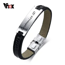 Vnox гравировка черный мужской кожаный браслет 7,8" стильный индивидуальный ID тег браслет из нержавеющей стали мужские ювелирные изделия