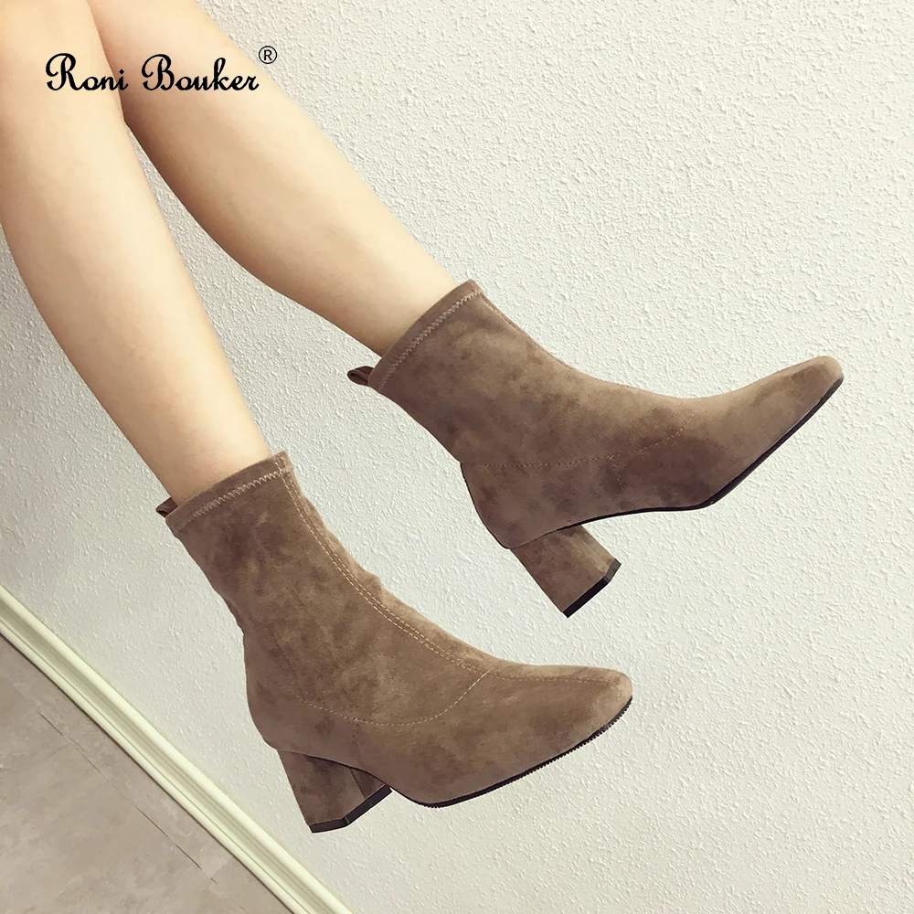 Roni Bouker Autumn Winter High Heels Shoes Woman Square Toe Ankle Boots Women Fashion Flock Leather Booties Female Botas Mujer40