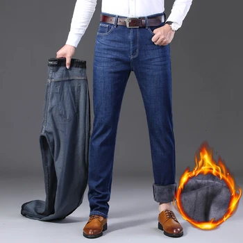 

2019 Men's Autumn Winter New Warm Fleece Lined Jeans Stretch Casual Straight Thick Denim Flannel Jeans Soft Pant Trousers