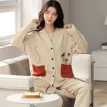 European and American Style Cardigan Long-sleeved Tops Cute Cartoon Pajamas Women's Casual and Comfortable Home Service Suit