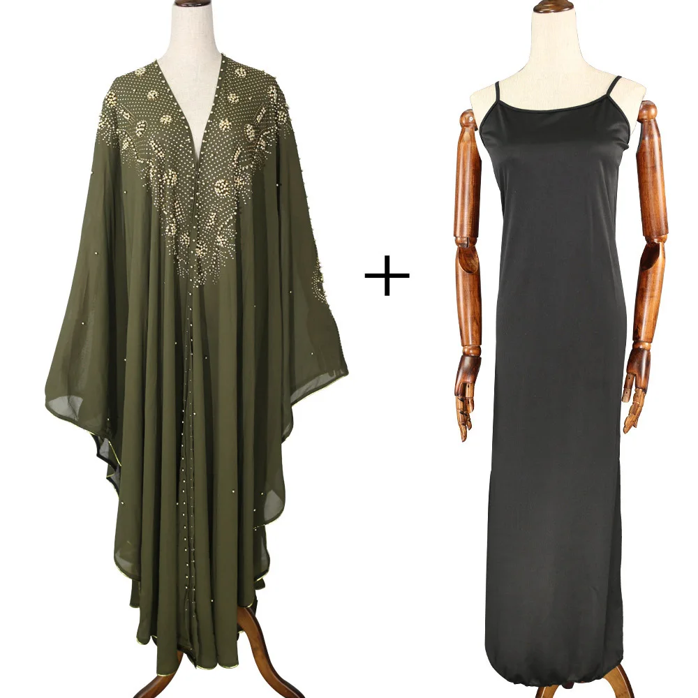 Abaya Jilbab Muslim Maxi Dress Solid Two Piece Plus Size Beaded Kaftan Long High Waist Vintage Fashion Islamic Clothings Robe