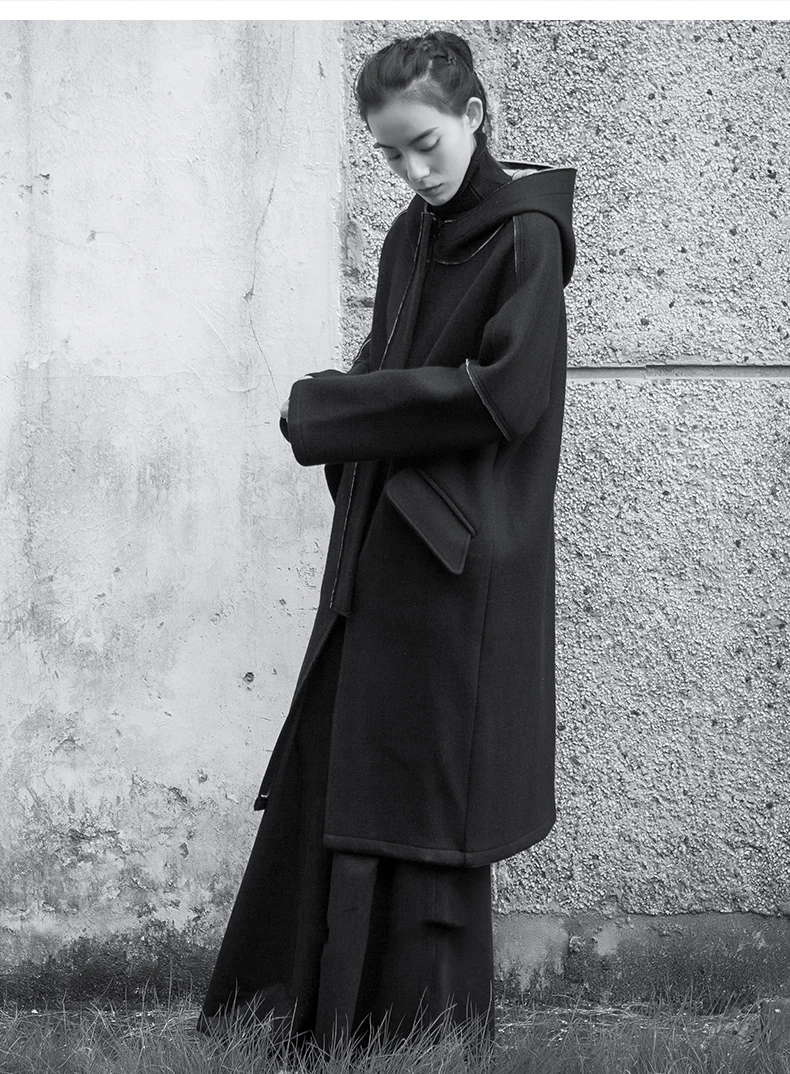 XITAO Casual Patchwork Hooded Collar Blends Women Winter Tide Fashion Elegant New Style Loose Long Sleeve Blends Coat GCC3105