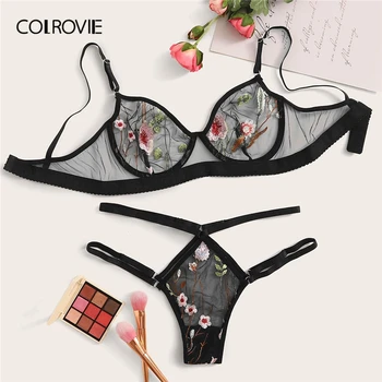 

COLROVIE Floral Embroidered Underwire Lingerie Set Women Sheer Intimates 2019 Sexy Sets Floral Bra And Thongs Ladies Bra Set