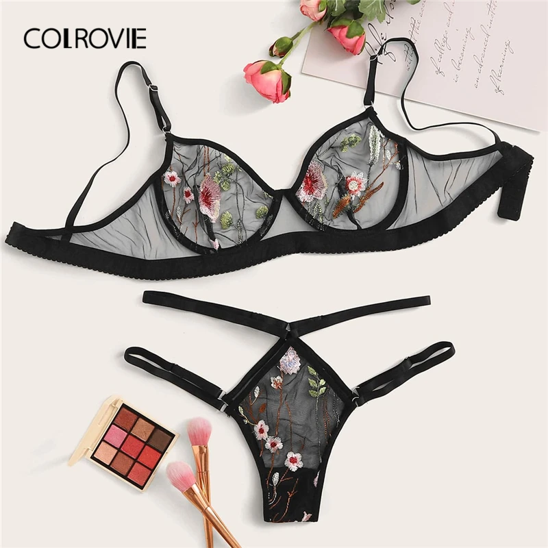 Женское нижнее белье с цветочной вышивкой COLROVIE комплект прозрачного нижнего