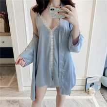 Серая, синяя Пижама для женщин домашняя одежда для соблазнения подтяжки ночь халаты, пижамы 2-Костюм из нескольких предметов пикантные Весна-осень, одежда для сна