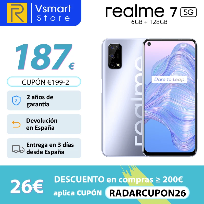 realme 7 5G, 6GB 128GB, Versión global, Smartphone, Pantalla de 6.5 120Hz Ultra Smooth, Dimensión 800U, 48MP Quad Cámaras, Carga de dardos de 30W, código:RADARCUPON26 (200€-26€)05ESOW20(€150-20)