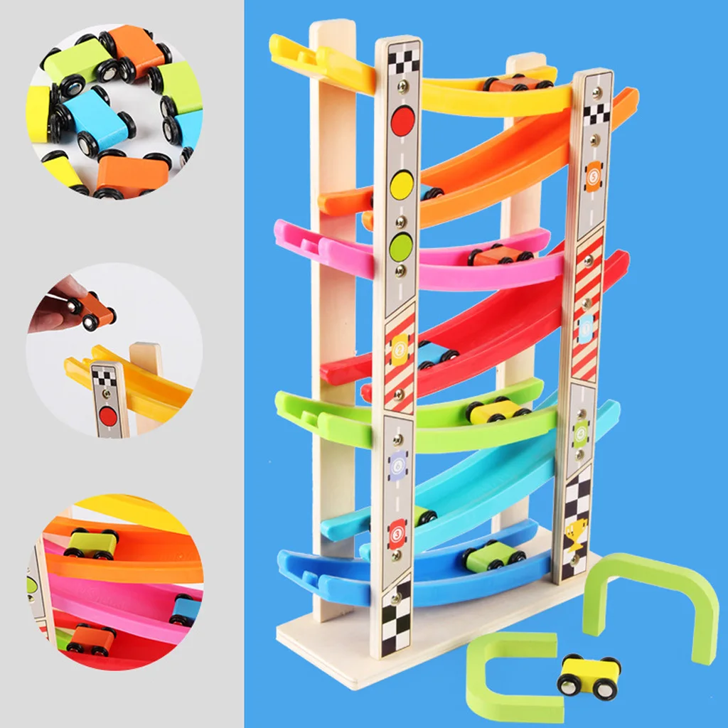 Wooden Car Ramp Race Track Vehicle Playsets with 7 Cars, 7-Layer Track Construction, Kids Toddlers Racer Game Educational Toy