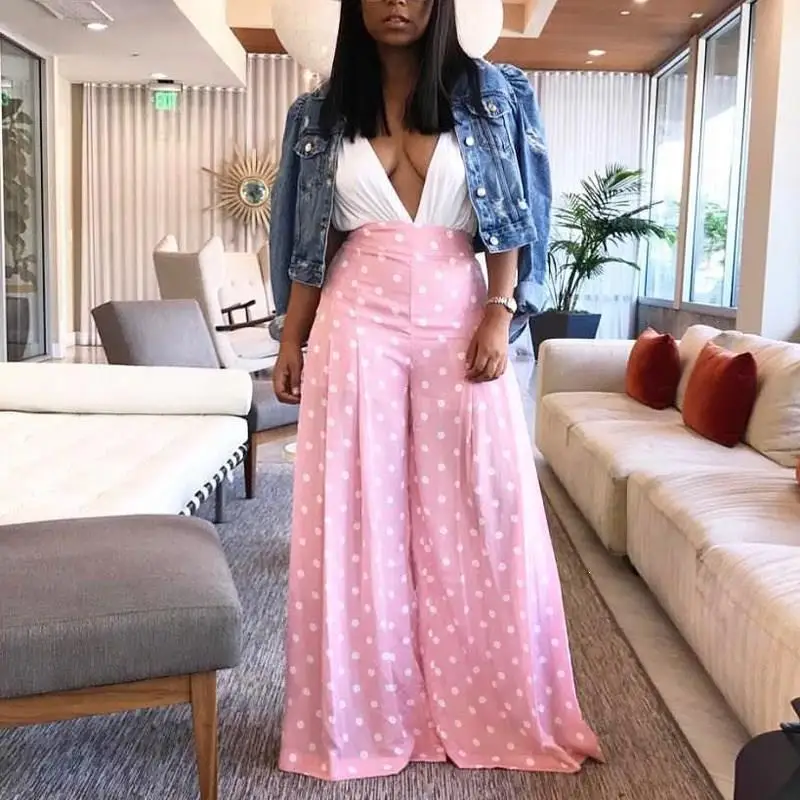 

Nice Polka Dot Print Boho Wide Leg Pants Women Elastic Loose Casual Pants Beach Fall Trousers High Waist Pants