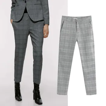 

2020 Women Summer Grey Plaid Stright Casual Pencil Skinny Pants