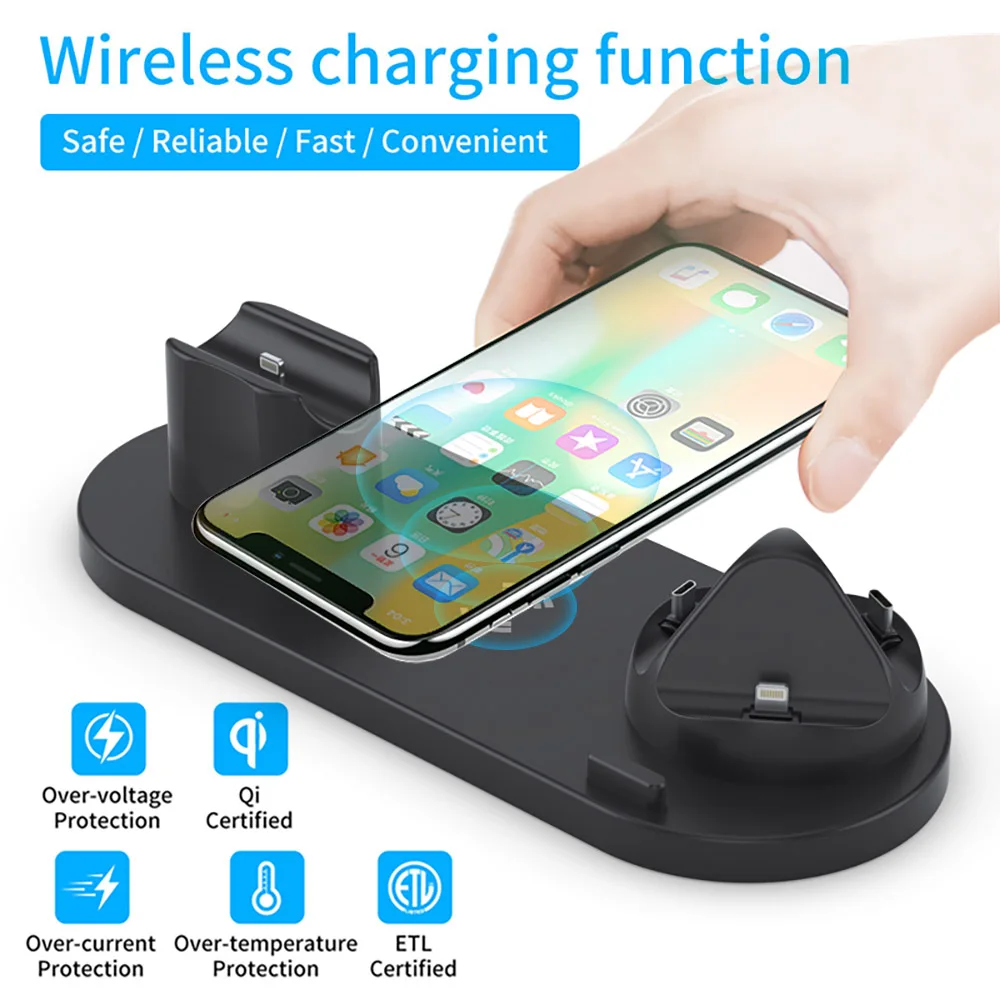 Suporte do Carregador sem Fio Almofada de Carregamento sem Fio para Apple 6 em 1 para Iphone Plus Max Ver 6 Airpods Samsung Xiaomi 8 11 12 Pro 3 1 para iphone 8 plus 11 12