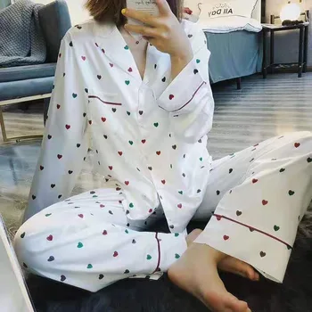 

New printed colorful heart loose ladies long-sleeved trousers pajamas set plus fat XL home service