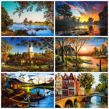 

HUACAN 5D Diamond Painting Lake Full Drill Rhinestone Kit New Arrival Diamond Embroidery Landscape Mosaic House Fall Decorations