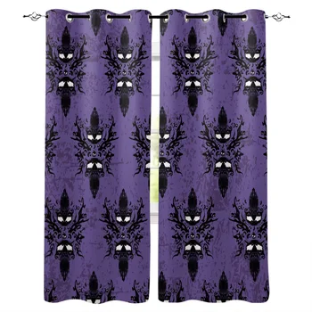 

Halloween Haunted House Skull Bat Curtain Kitchen Drapes Decor Print Kids Curtain Panels With Grommets Window Treatment Valances