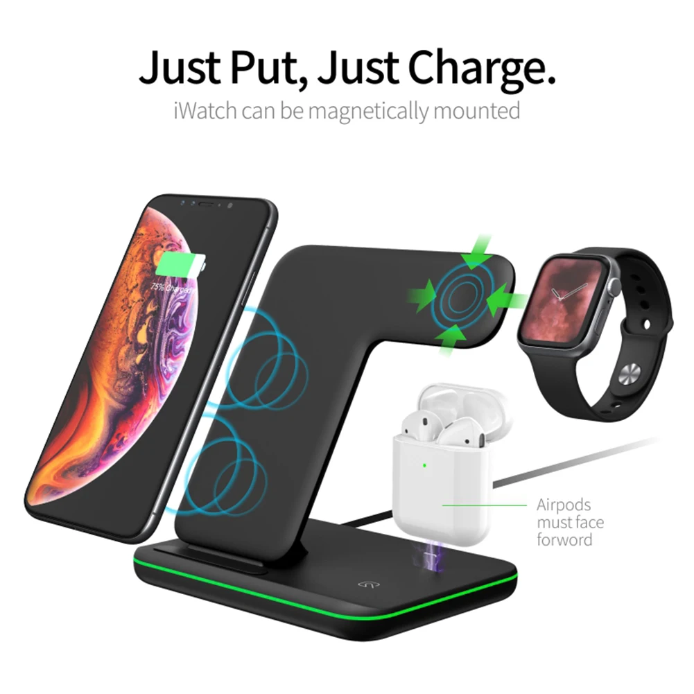 Z5 Portable Wireless Mobile Phone Charging Dock Station 3 in 1 Wireless Charger Stand for Apple Watch iWatch Airpods Headphones