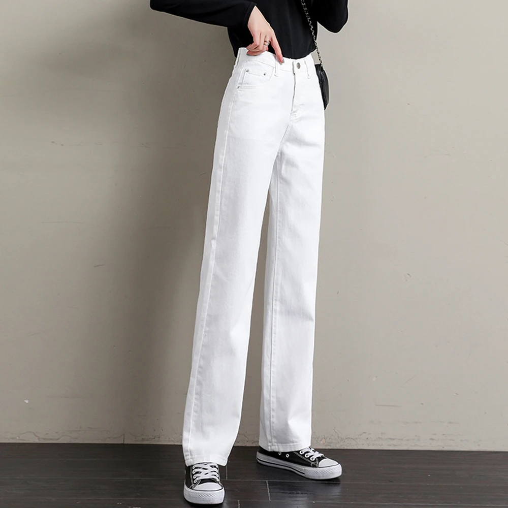 Vaqueros Vintage de cintura alta para mujer, pantalones holgados de pierna ancha, tela vaquera elástica, pantalones informales rectos