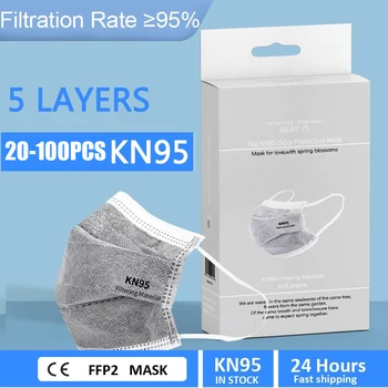 

20-100PCS 5 Layers KN95 Gray Mask Activated Carbon Dust Respirator Reusable Breathable Protective Mascarillas FFP2 Face Masks