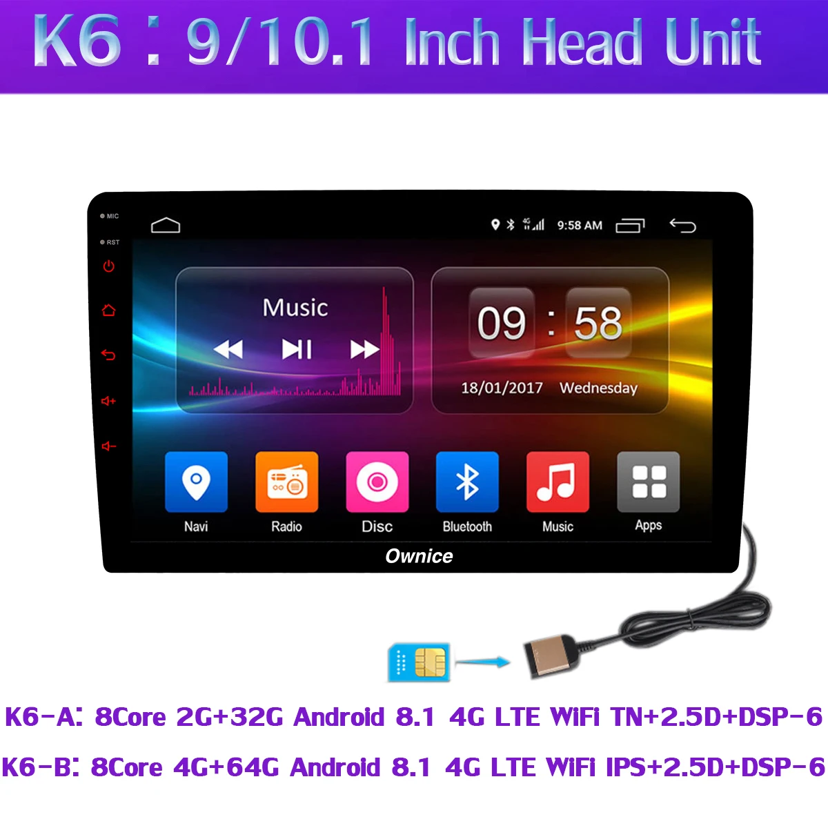 Автомобильный мультимедийный плеер Ownice K6 1DIN 4 SIM LTE Wi-Fi 8 ядер Android 1 Гб + 64 ГБ радио