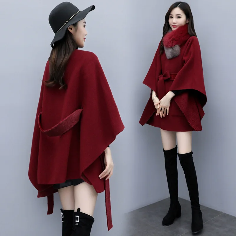 

Loose-Fit Oversize Profile Woolen Jacket Women's Autumn And Winter Korean-style with Fur Collar Short Cape Woolen Overcoat