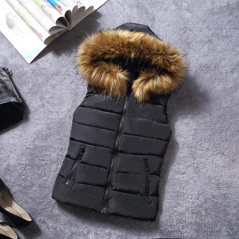 Осенне-зимний женский жилет с меховым воротником, Женская хлопковая куртка с капюшоном, модные однотонные жилеты с карманами, большие размеры CA6591