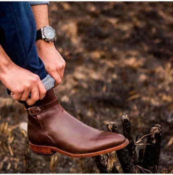 

New Fashion Men Pu Leather Low Heel Buckle Monk Strap Shoes Round Toe Ankle High Style Male Casual Trendy Jodhpurs Boots 4M030