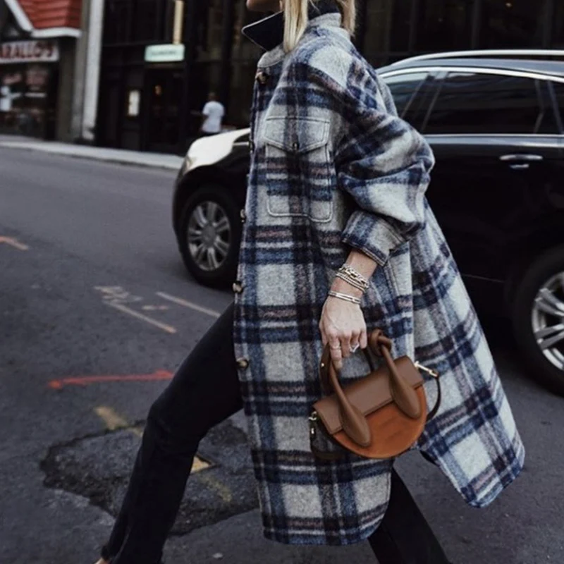 

2019 Autumn / Winter Coats & Jackets color Plaid Large Shape Brushed Pocket Wool Women's Wool & Blends