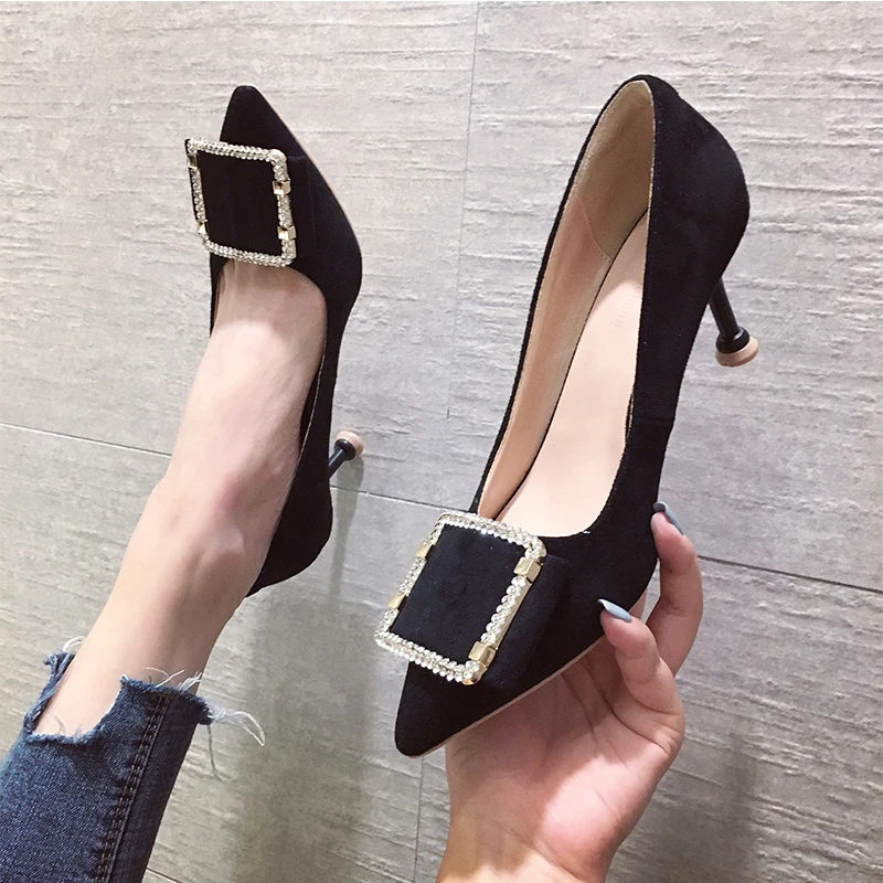 

2019 Autumn New Casual High Heels Luxury Rhinestone Party Thin Heels Women Pointed Toe Office Dress Girl Ladies Shallow Shoes