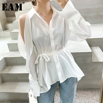 

[EAM] Women White Hollow Out Rufflestemperament Blouse New Lapel Long Sleeve Loose Fit Shirt Fashion Spring Autumn 2020 1T487