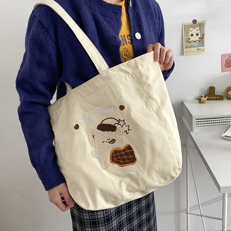 Women Canvas Bag Cute Rabbit Puppy Embroidery Zipper Shoulder Bags
