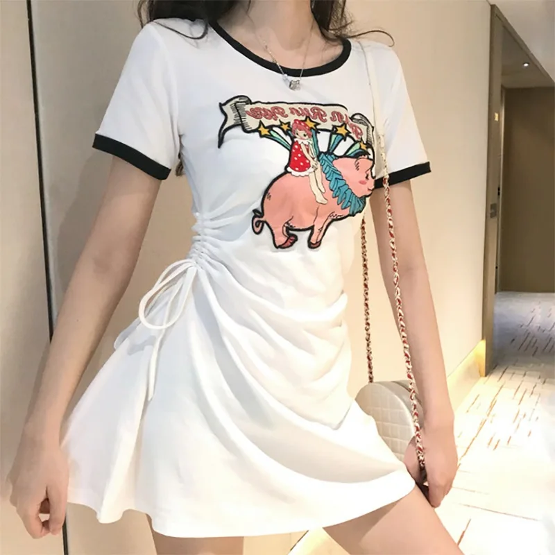 X летнее платье для женщин с круглым воротником и коротким рукавом vestidos тонкая талия патч мультфильм Свинья футболка свободные платья средней длины