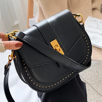 

Women Solid Color Stone Pattern Shoulder Bags 2019 Designer Rivet Decoration Buckle Handbags High Quality Leather Crossbody Bags