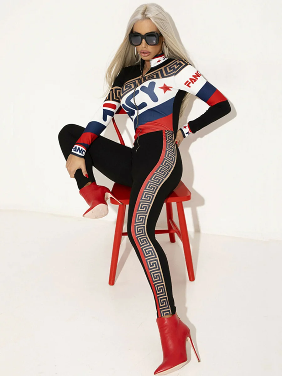 Krismile 2024 Fashion Casual Sports Letter Bodysuit Front Zipper Printed Long Sleeve Jumpsuits For Women