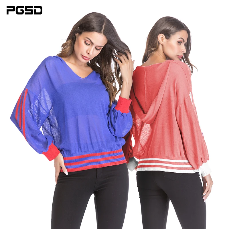 

PGSD Autumn casual Women Thin loose Perspective Sport Hooded pullover Long Sleeve female V-Neck Hoodies Clothes