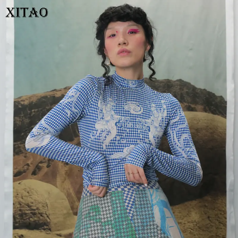 XITAO/винтажная простая клетчатая Футболка с принтом, женская одежда, модное платье-водолазка с длинными рукавами, универсальная Осенняя Новинка ZYQ1996