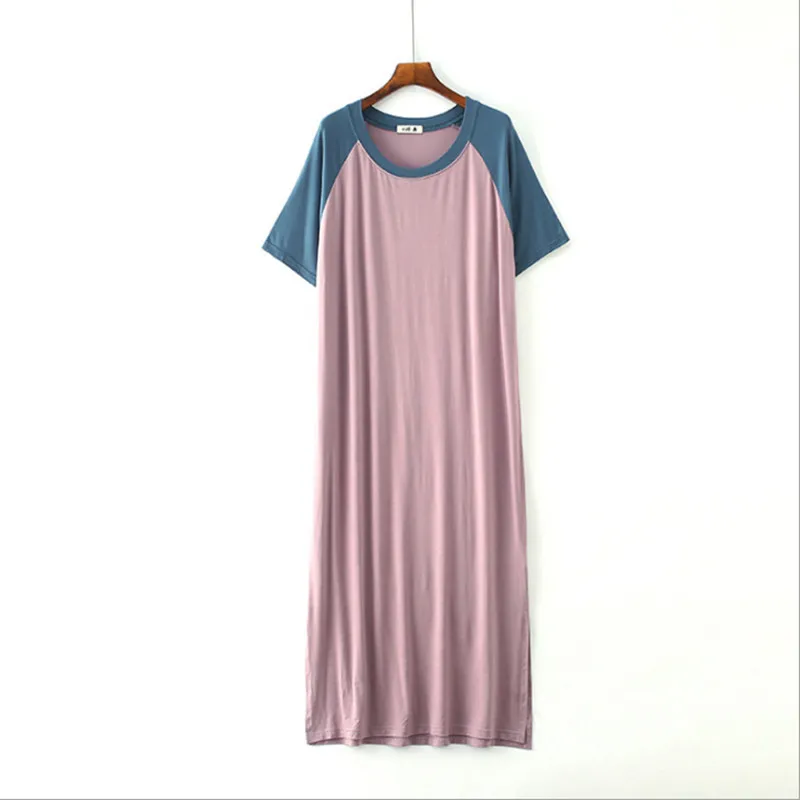 Free size women's nightgowns brief causal modal material round neck candy color patchwork calf-length softy sleep dress - Цвет: Лаванда